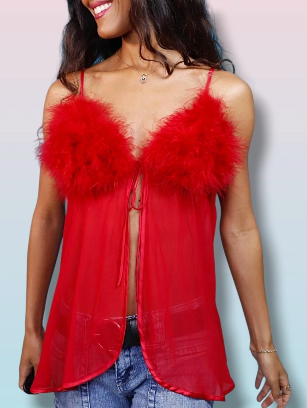 00s Red Sheer Whimsigoth Babydoll Top With Fluffy Feather Bust